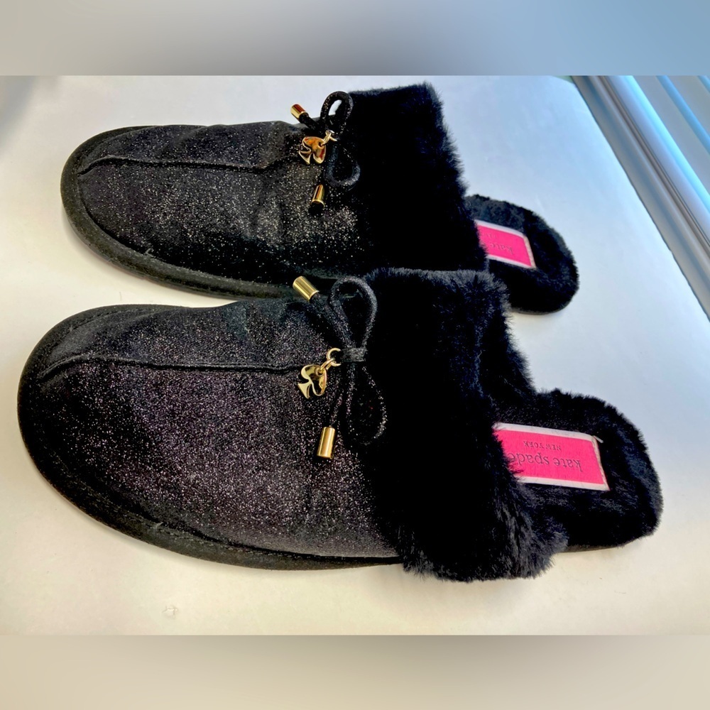 Kate Spade Women’s Slippers, 9B, Black Glitter, Faux Fur, Bow Charm